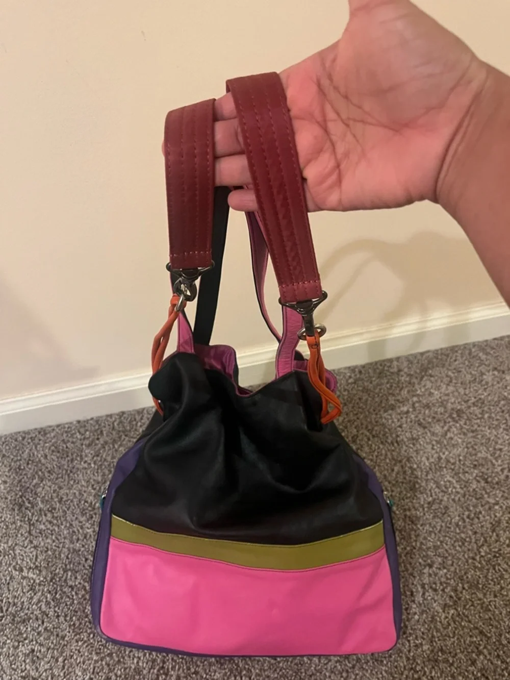 ILI New York Leather Color Block Purse Drawstring Shoulder Multicolor Bright